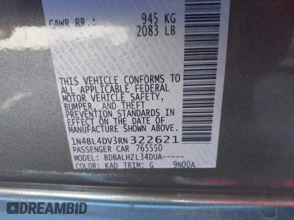 2024 Nissan Altima SV with VIN 1N4BL4DV3RN322621, listed as a IAAI auction lot 40843918 with 19,242 mi miles and . Bid and sale history available at DreamBid. Image 9.