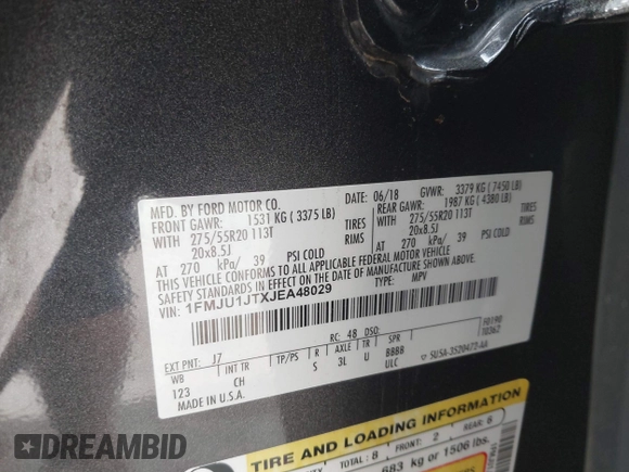 2018 Ford Expedition XLT z VIN 1FMJU1JTXJEA48029, wystawiony jako IAAI lot #41786096 z przebiegiem Nie podano mil oraz . Historia ofert i sprzedaży dostępna na DreamBid. Obrazek 9.