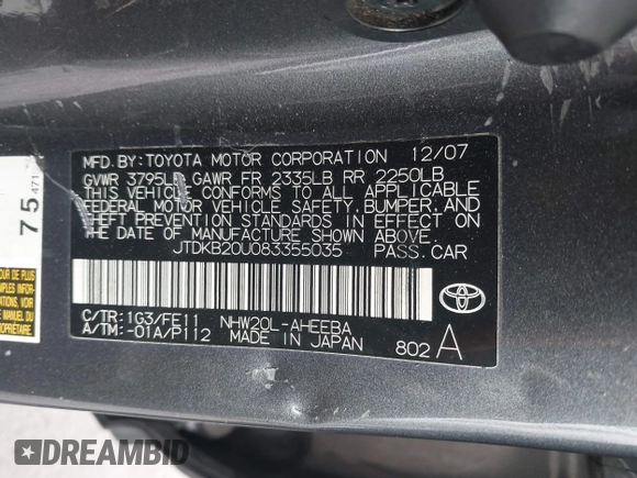 2008 Toyota Prius with VIN JTDKB20U083355035, listed as a IAAI auction lot 42106569 with 176,788 mi miles. Bid and sale history available at carsss.com. Image 9.