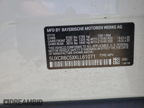 2019 BMW X5 xDrive40i with VIN 5UXCR6C5XKLL61071, listed as a Copart auction lot 60158945 with 67,631 mi miles and Salvage title. Bid and sale history available at DreamBid. Image 13.