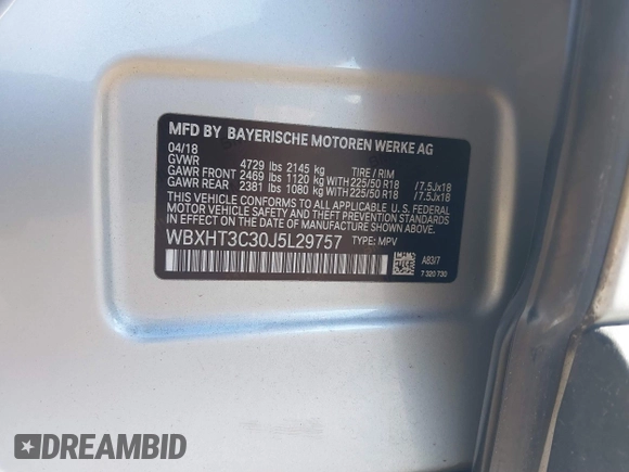 2018 BMW X1 xDrive28i with VIN WBXHT3C30J5L29757, listed as a IAAI auction lot 41879504 with 60,490 mi miles. Bid and sale history available at carsss.com. Image 9.