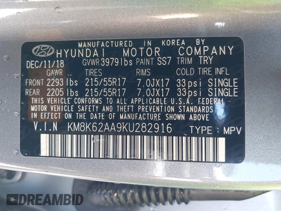 2019 Hyundai Kona SEL with VIN KM8K62AA9KU282916, listed as a IAAI auction lot 42086109 with 59,288 mi miles. Bid and sale history available at carsss.com. Image 9.