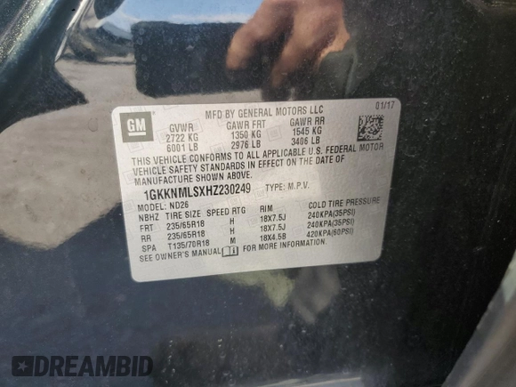 2017 GMC Acadia SLT z VIN 1GKKNMLSXHZ230249, wystawiony jako Copart lot #53731155 z przebiegiem 167 294 mil mil oraz Szkoda całkowita • Salvage title. Historia ofert i sprzedaży dostępna na DreamBid. Obrazek 12.