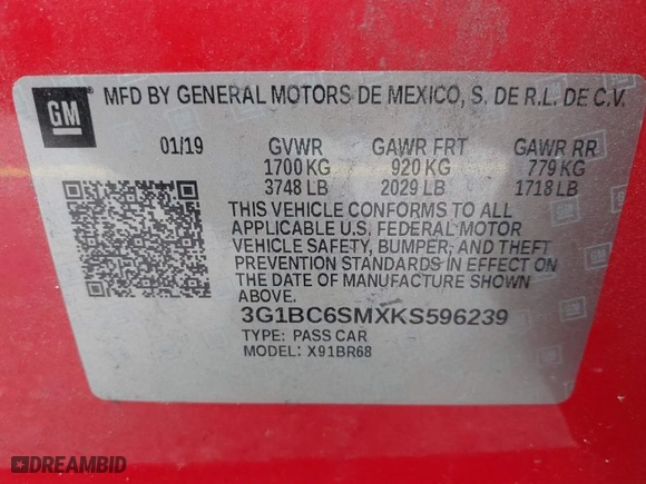 2019 Chevrolet Cruze LS with VIN 3G1BC6SMXKS596239, listed as a IAAI auction lot 40127703 with 49,701 mi miles. Bid and sale history available at carsss.com. Image 9.