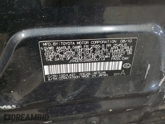 2011 Lexus IS 350 with VIN JTHCE5C26B5000114, listed as a Copart auction lot 88278525 with Not provided miles and Salvage title. Bid and sale history available at DreamBid. Image 14.