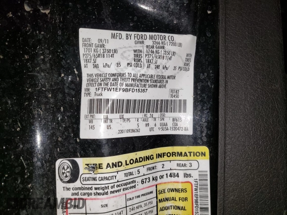 2011 Ford F-150 XL with VIN 1FTFW1EF9BFD15357, listed as a Copart auction lot 49327595 with 182,707 mi miles and Salvage title. Bid and sale history available at DreamBid. Image 12.