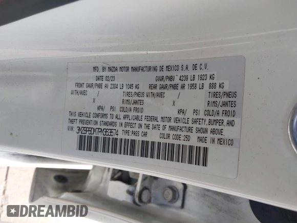 2023 Mazda 3 S Premium with VIN 3MZBPBDM7PM363574, listed as a IAAI auction lot 41585343 with 28,111 mi miles and . Bid and sale history available at DreamBid. Image 9.