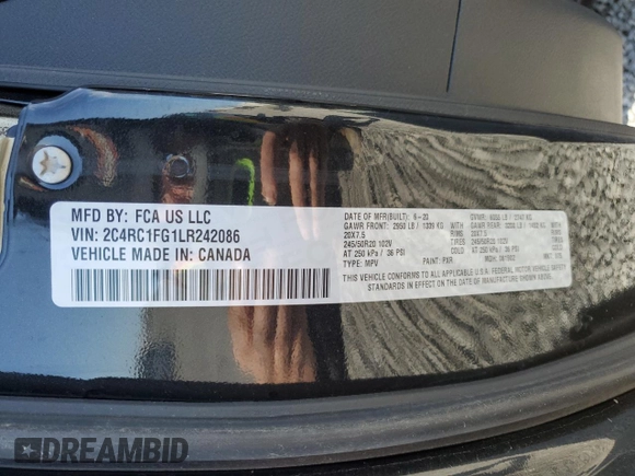 2020 Chrysler Pacifica Touring with VIN 2C4RC1FG1LR242086, listed as a Copart auction lot 50824185 with 105,779 mi miles and Salvage title. Bid and sale history available at DreamBid. Image 14.
