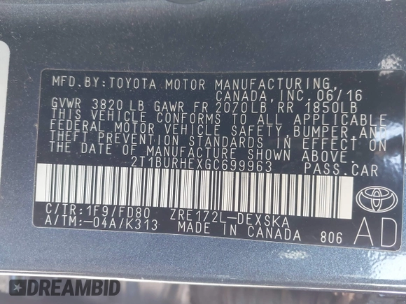 2016 Toyota Corolla L with VIN 2T1BURHEXGC699963, listed as a IAAI auction lot 41999743 with 71,633 mi miles and . Bid and sale history available at DreamBid. Image 9.