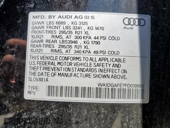 2015 Audi Q7 S line Prestige z VIN WA1DGAFE7FD019856, wystawiony jako Copart lot #58971725 z przebiegiem 189 437 mil mil oraz Szkoda całkowita • Salvage title. Historia ofert i sprzedaży dostępna na DreamBid. Obrazek 14.