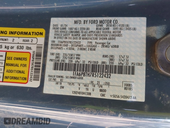2024 Ford Mustang EcoBoost with VIN 1FA6P8TH7R5122432, listed as a IAAI auction lot 42333007 with Not provided miles and . Bid and sale history available at DreamBid. Image 9.