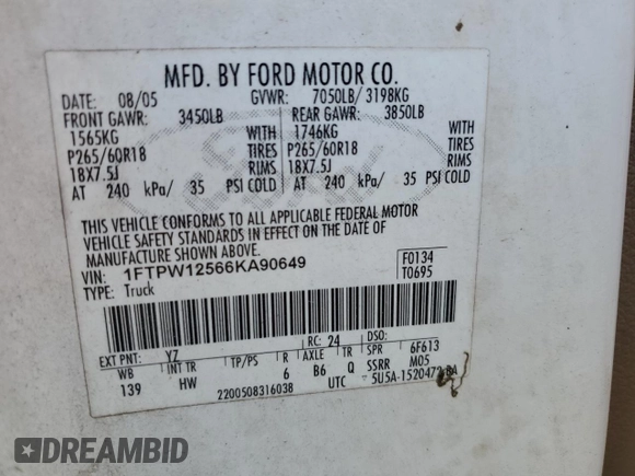 2006 Ford F-150 XLT with VIN 1FTPW12566KA90649, listed as a Copart auction lot 63287565 with 245,951 mi miles and Salvage title. Bid and sale history available at DreamBid. Image 13.