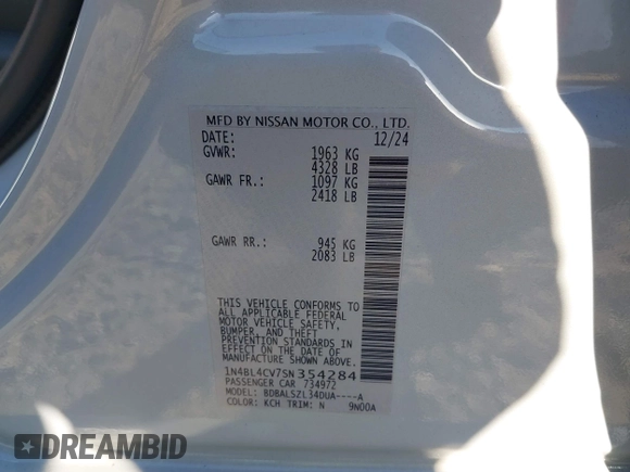 2025 Nissan Altima SR with VIN 1N4BL4CV7SN354284, listed as a IAAI auction lot 42067312 with 15,000 mi miles and . Bid and sale history available at DreamBid. Image 9.