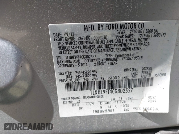 2012 Lincoln MKS EcoBoost with VIN 1LNHL9FT4CG802557, listed as a IAAI auction lot 42642544 with 250,983 mi miles and . Bid and sale history available at DreamBid. Image 9.