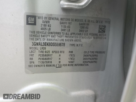 2013 Chevrolet Captiva Sport LT z VIN 3GNAL3EK8DS559678, wystawiony jako Copart lot #56296245 z przebiegiem 205 566 mil mil oraz Szkoda całkowita • Salvage title. Historia ofert i sprzedaży dostępna na DreamBid. Obrazek 12.
