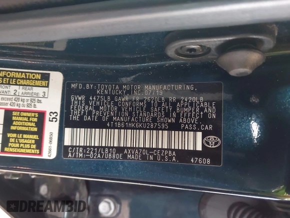 2019 Toyota Camry XSE with VIN 4T1B61HK6KU287595, listed as a IAAI auction lot 41691931 with 86,603 mi miles. Bid and sale history available at carsss.com. Image 9.