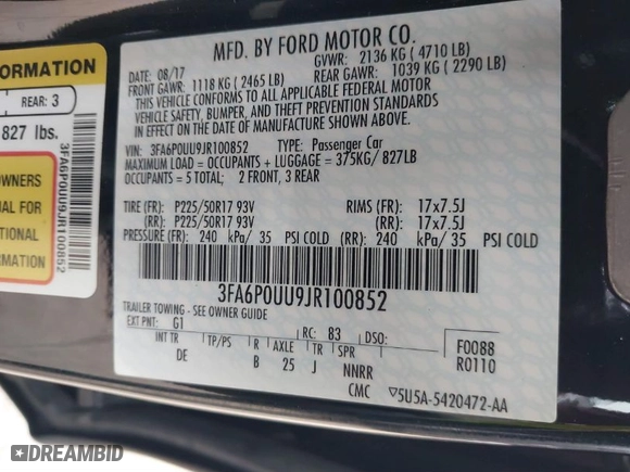 2018 Ford Fusion Hybrid S with VIN 3FA6P0UU9JR100852, listed as a IAAI auction lot 41516157 with 63,458 mi miles. Bid and sale history available at carsss.com. Image 9.