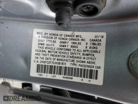 2018 Honda Civic Sedan EX with VIN 2HGFC2F72JH581873, listed as a Copart auction lot 48996235 with 109,440 mi miles and Salvage Title. Bid and sale history available at carsss.com. Image 14.