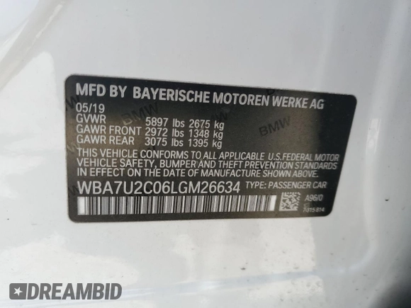 2020 BMW 7 Series 750i xDrive with VIN WBA7U2C06LGM26634, listed as a Copart auction lot 59951453 with 0 mi miles. Bid and sale history available at carsss.com. Image 12.