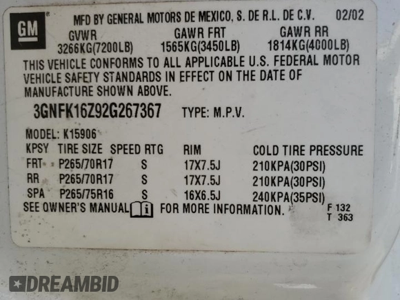 2002 Chevrolet Suburban Z71 with VIN 3GNFK16Z92G267367, listed as a Copart auction lot 43647755 with 0 mi miles and Salvage Title. Bid and sale history available at carsss.com. Image 16.