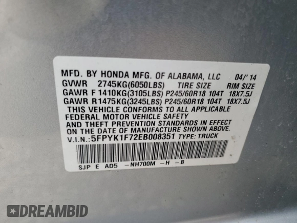 2014 Honda Ridgeline Sport with VIN 5FPYK1F72EB008351, listed as a Copart auction lot 53985895 with 82,271 mi miles and Salvage title. Bid and sale history available at DreamBid. Image 12.