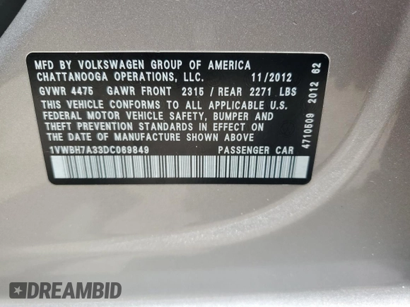 2013 Volkswagen Passat SE with VIN 1VWBH7A33DC069849, listed as a Copart auction lot 60709075 with 217,320 mi miles and Salvage title. Bid and sale history available at DreamBid. Image 12.