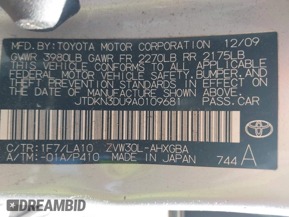 2010 Toyota Prius II with VIN JTDKN3DU9A0109681, listed as a IAAI auction lot 42200067 with 190,741 mi miles. Bid and sale history available at carsss.com. Image 9.