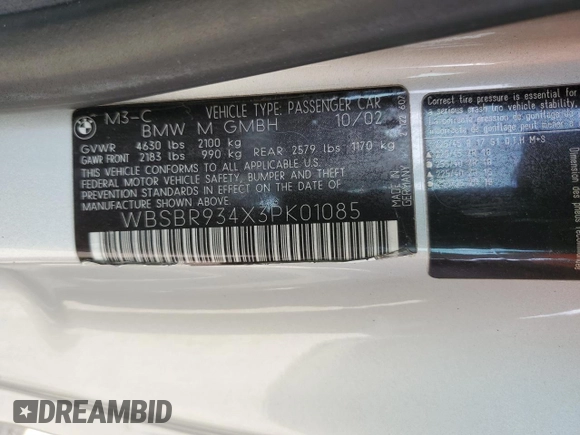 2003 BMW 3 Series M3 with VIN WBSBR934X3PK01085, listed as a Copart auction lot 52595545 with 147,248 mi miles and Salvage Title. Bid and sale history available at carsss.com. Image 15.