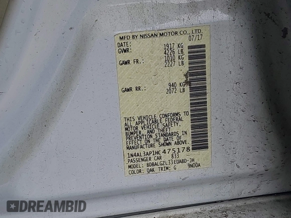 2017 Nissan Altima S with VIN 1N4AL3AP1HC475178, listed as a IAAI auction lot 42323613 with 97,022 mi miles and . Bid and sale history available at DreamBid. Image 9.