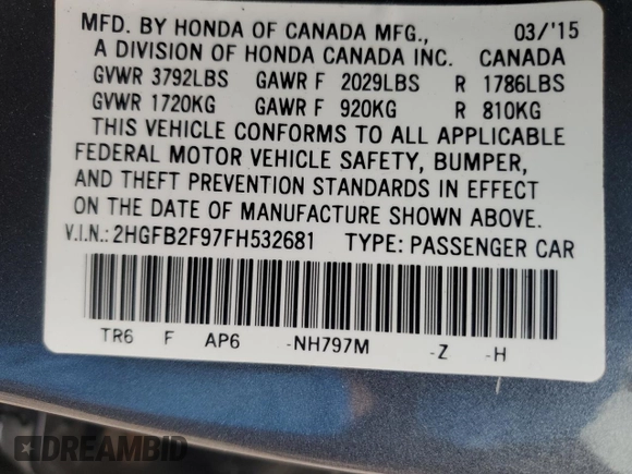 2015 Honda Civic EX-L with VIN 2HGFB2F97FH532681, listed as a Copart auction lot 47225745 with Not Provided miles and Clean Title. Bid and sale history available at DreamBid. Image 15.