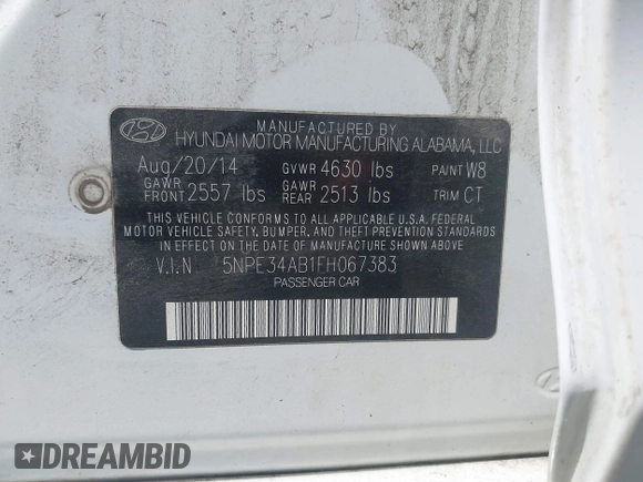 2015 Hyundai Sonata Sport with VIN 5NPE34AB1FH067383, listed as a IAAI auction lot 42075777 with 109,403 mi miles and . Bid and sale history available at carsss.com. Image 9.