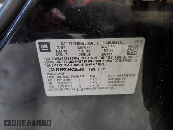 2015 Chevrolet Equinox LT with VIN 2GNFLFE31F6236509, listed as a Copart auction lot 51251445 with 82,097 mi miles and Salvage Title. Bid and sale history available at DreamBid. Image 14.