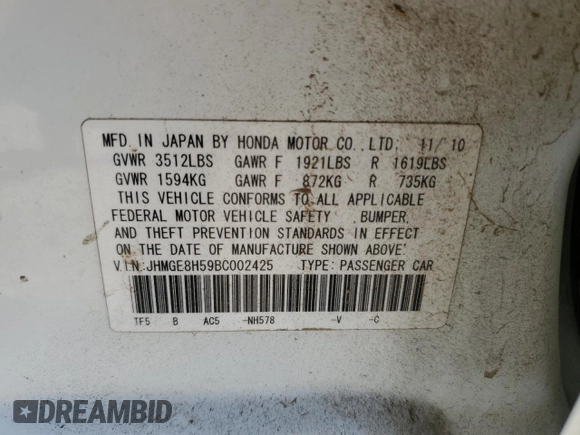 2011 Honda Fit Sport z VIN JHMGE8H59BC002425, wystawiony jako Copart lot #69977564 z przebiegiem 137 729 mil mil oraz Szkoda całkowita • Salvage title. Historia ofert i sprzedaży dostępna na DreamBid. Obrazek 14.