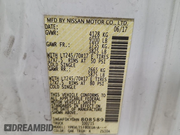 2017 Nissan NV SV with VIN 1N6AF0KY0HN808589, listed as a IAAI auction lot 42727623 with 114,209 mi miles and . Bid and sale history available at DreamBid. Image 13.