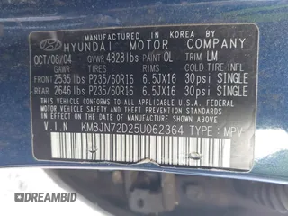 2005 Hyundai Tucson GLS with VIN KM8JN72D25U062364, listed as a IAAI auction lot 42247915 with 214,068 mi miles and . Bid and sale history available at DreamBid. Image 9.