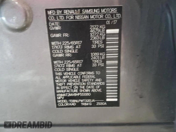 2017 Nissan Rogue SV with VIN KNMAT2MV8HP551180, listed as a Copart auction lot 62375215 with Not provided miles and Salvage title. Bid and sale history available at DreamBid. Image 13.