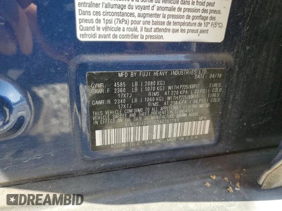 2010 Subaru Outback Premium All-Weather Anniversary with VIN 4S4BRCGC1A3383281, listed as a Copart auction lot 52098425 with 134,370 mi miles and Salvage title. Bid and sale history available at DreamBid. Image 14.