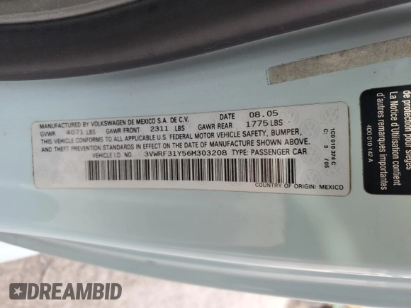 2006 Volkswagen Beetle z VIN 3VWRF31Y56M303208, wystawiony jako Copart lot #86480404 z przebiegiem 120 783 mil mil oraz Szkoda całkowita • Salvage title. Historia ofert i sprzedaży dostępna na DreamBid. Obrazek 15.