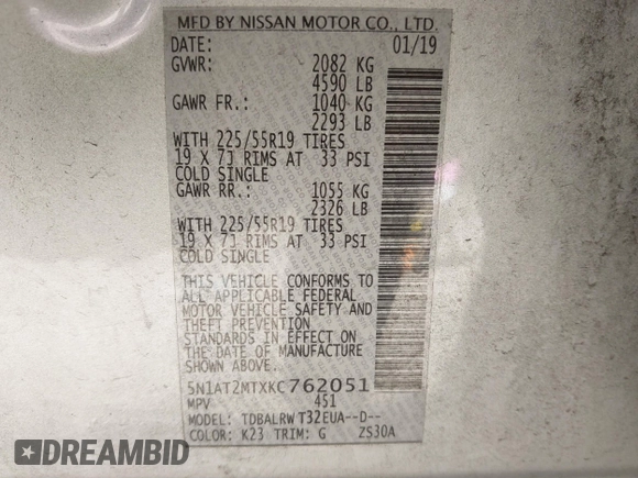 2019 Nissan Rogue SL with VIN 5N1AT2MTXKC762051, listed as a IAAI auction lot 41253889 with Not Provided miles and . Bid and sale history available at DreamBid. Image 9.