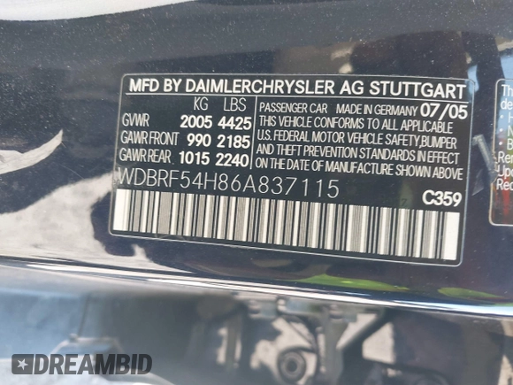 2006 Mercedes-Benz C 280 Luxury with VIN WDBRF54H86A837115, listed as a IAAI auction lot 41715543 with 140,760 mi miles and . Bid and sale history available at DreamBid. Image 9.