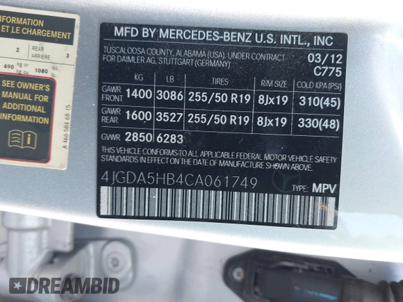 2012 Mercedes-Benz M 350 with VIN 4JGDA5HB4CA061749, listed as a IAAI auction lot 42312603 with 172,246 mi miles and . Bid and sale history available at DreamBid. Image 9.