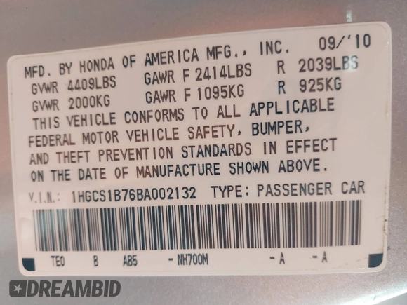 2011 Honda Accord EX with VIN 1HGCS1B76BA002132, listed as a IAAI auction lot 41704953 with 142,066 mi miles and . Bid and sale history available at DreamBid. Image 9.