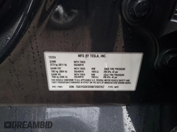2025 Tesla Model Y Long Range z VIN 7SAYGDED9SF269767, wystawiony jako Copart lot #51588985 z przebiegiem 1 943 mil mil oraz Szkoda całkowita • Salvage title. Historia ofert i sprzedaży dostępna na DreamBid. Obrazek 12.