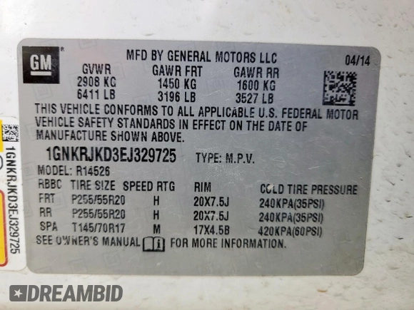 2014 Chevrolet Traverse LTZ with VIN 1GNKRJKD3EJ329725, listed as a Copart auction lot 53272755 with 221,219 mi miles and Salvage Title. Bid and sale history available at DreamBid. Image 13.