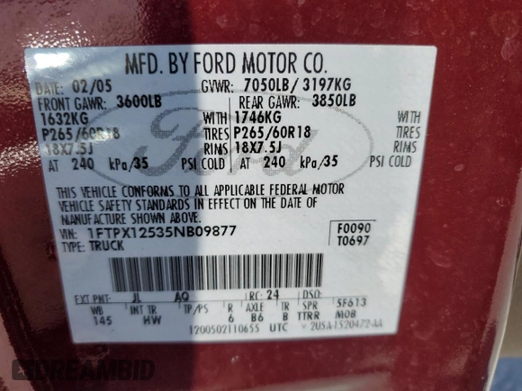 2005 Ford F-150 XLT with VIN 1FTPX12535NB09877, listed as a Copart auction lot 64126145 with 72,004 mi miles and Non repairable. Bid and sale history available at DreamBid. Image 12.