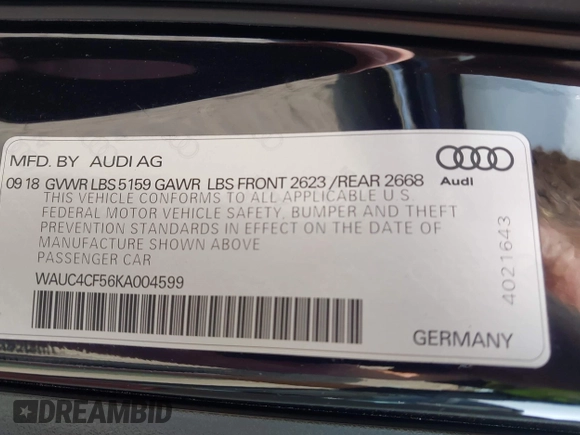 2019 Audi S5 Sportback Prestige z VIN WAUC4CF56KA004599, wystawiony jako IAAI lot #41924404 z przebiegiem 86 067 mil mil oraz . Historia ofert i sprzedaży dostępna na DreamBid. Obrazek 9.