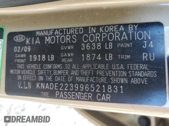 2009 Kia Rio LX with VIN KNADE223996521831, listed as a Copart auction lot 69126284 with 183,796 mi miles and Salvage Title. Bid and sale history available at DreamBid. Image 14.