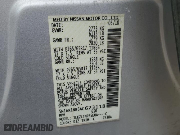 2010 Nissan Pathfinder SE with VIN 5N1AR1NB5AC623118, listed as a Copart auction lot 51107435 with 176,416 mi miles and Salvage title. Bid and sale history available at DreamBid. Image 15.