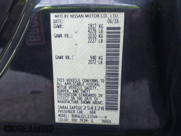 2016 Nissan Altima SV with VIN 1N4AL3AP1GC254128, listed as a IAAI auction lot 41744050 with 138,110 mi miles and . Bid and sale history available at DreamBid. Image 9.