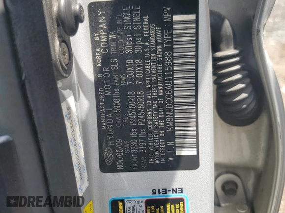2010 Hyundai Veracruz Limited with VIN KM8NUDCC6AU115988, listed as a Copart auction lot 63323915 with Not provided miles and Salvage title. Bid and sale history available at DreamBid. Image 12.